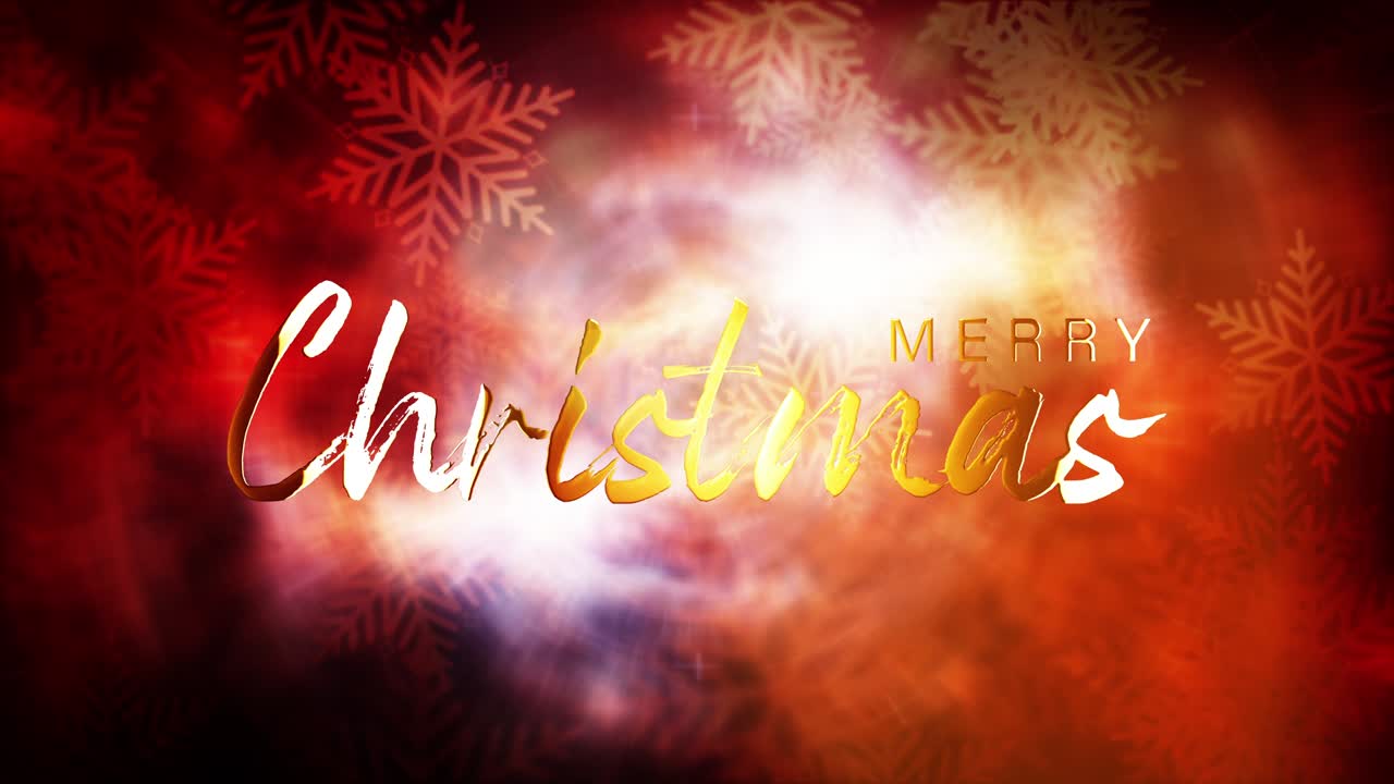 4k 크리스마스 인사 - 메리 크리스마스 휴가 배경 영화 3d 애니메이션 - 반이는 메리 크리스마스 황금 반이는 텍스트 - 영화 광선과 눈송이로 움직임을 나타니다.