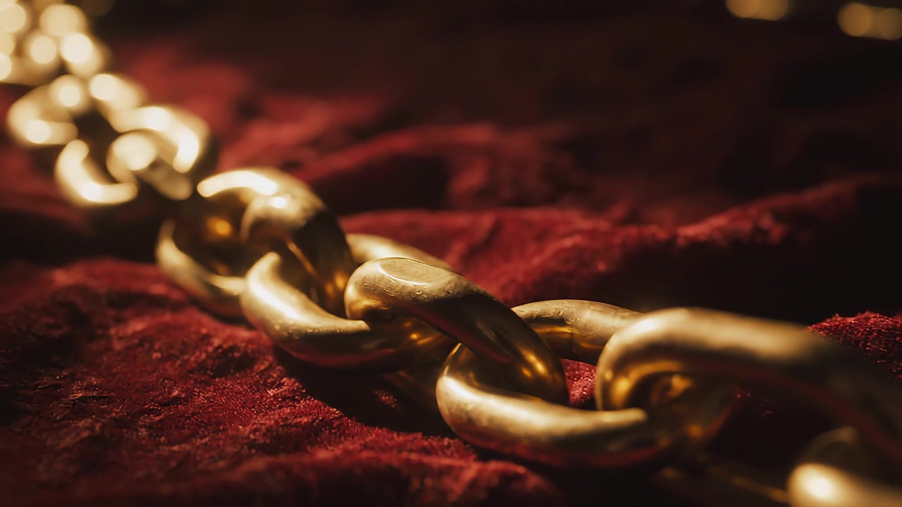 Lujosa y pesada cadena de oro reposando sobre terciopelo rojo texturizado.