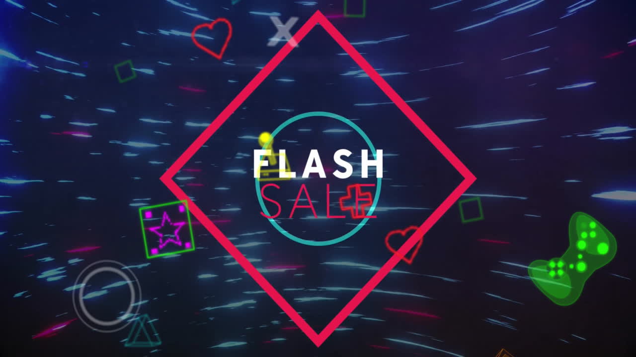 Animation of flash sale over game icons and light trails on black background