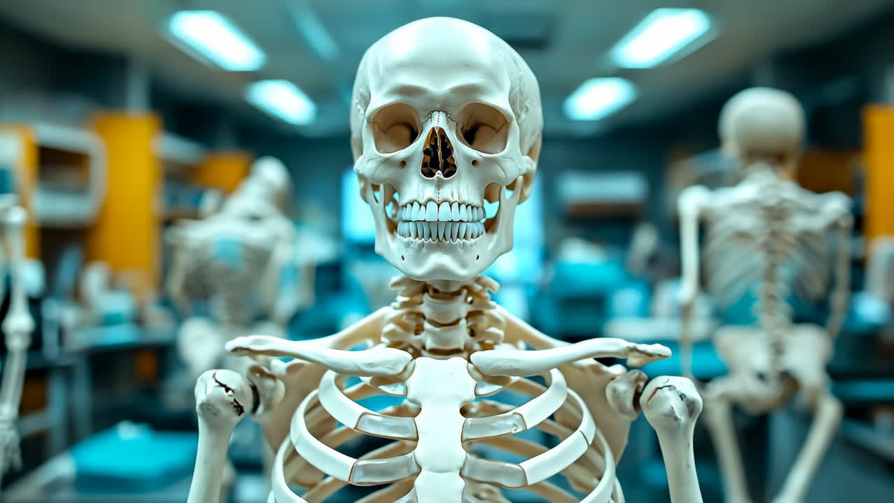 Classroom human skeleton model. A detailed human skeleton model is displayed in a classroom filled with medical learning resources and other skeletons