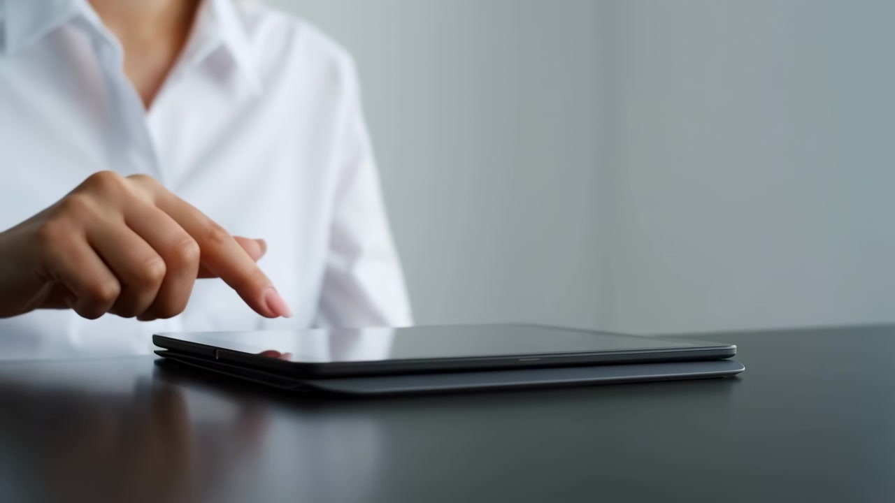 Una vista ravvicinata mostra una mano che si muove verso un sottile dispositivo touchscreen e che tocca ripetutamente con la punta delle dita, mentre il tablet rimane piatto su una scrivania scura e riflettente con luce naturale soffusa.