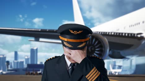 close up of asian man pilot having a headache while standing in airfield with airplane on background