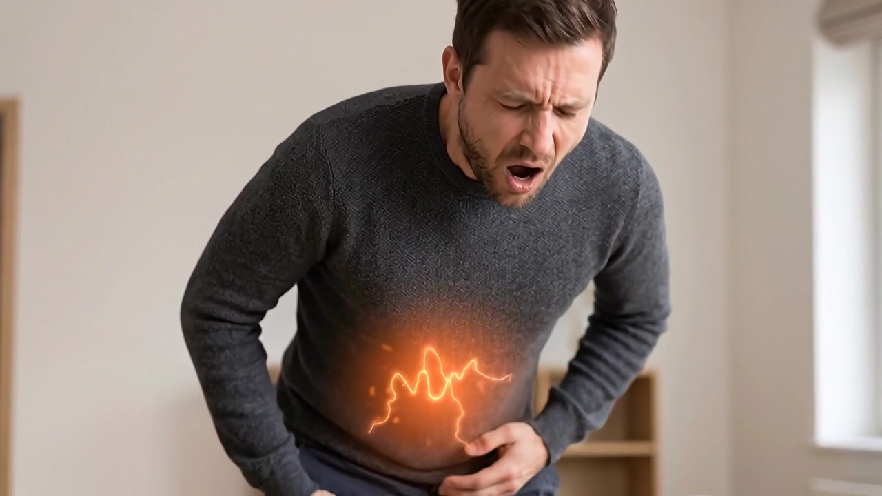 Uomo in piedi che preme l'addome inferiore luminoso su uno sfondo chiaro in una scena medica realistica
