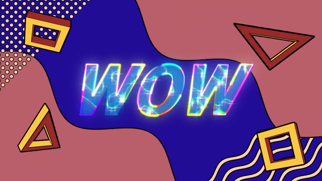 파란색 배경의 다채로운 모양 위에 와우 텍스트의 애니메이션