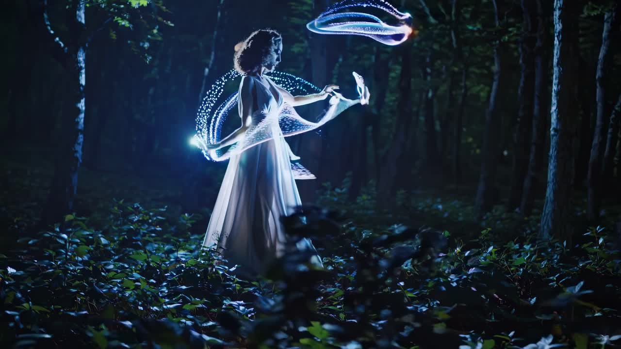 A woman in a flowing dress dances with glowing light trails in a forest