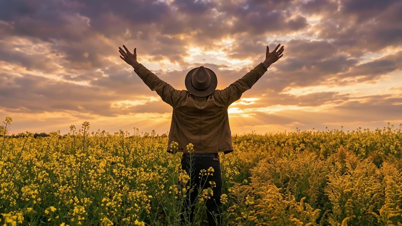 Pessoa de pé num campo de flores amarelas com os braços estendidos durante um pôr do sol dourado.