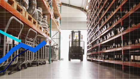 animation of blue lines, financial data processing over warehouse