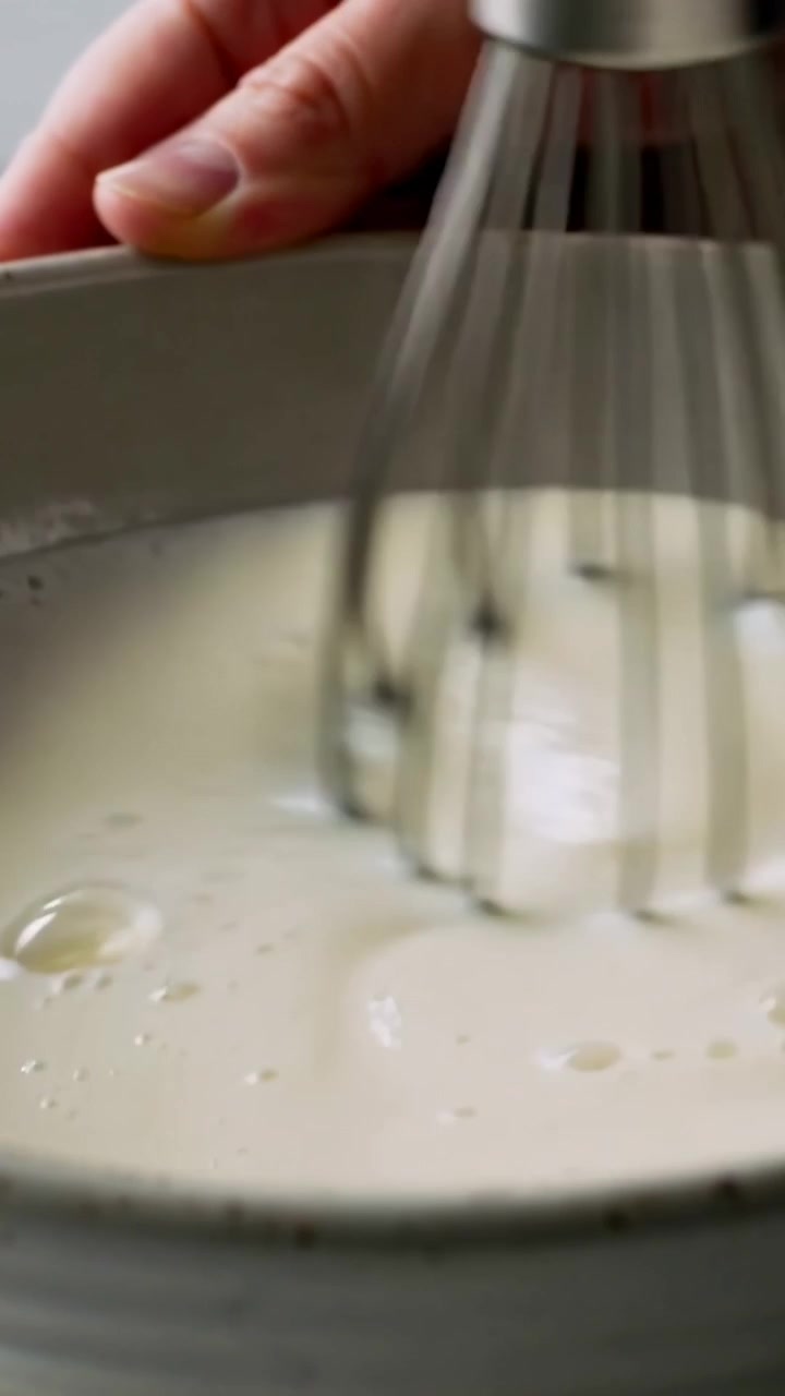 Vertical video: Inserting right hand whisking pale batter in kitchen bowl with whisk, aerating mix