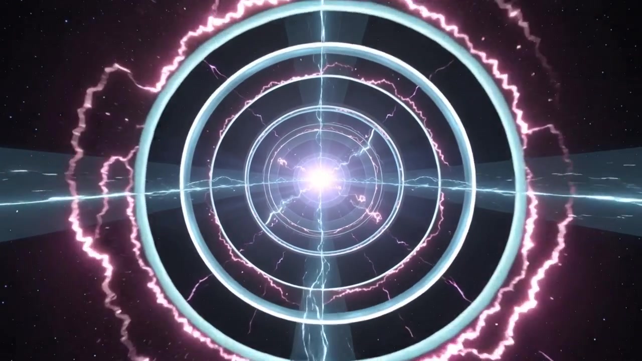 Core starting, emitting violet glow, cross beams energizing rings and arcs, forming portal in stars