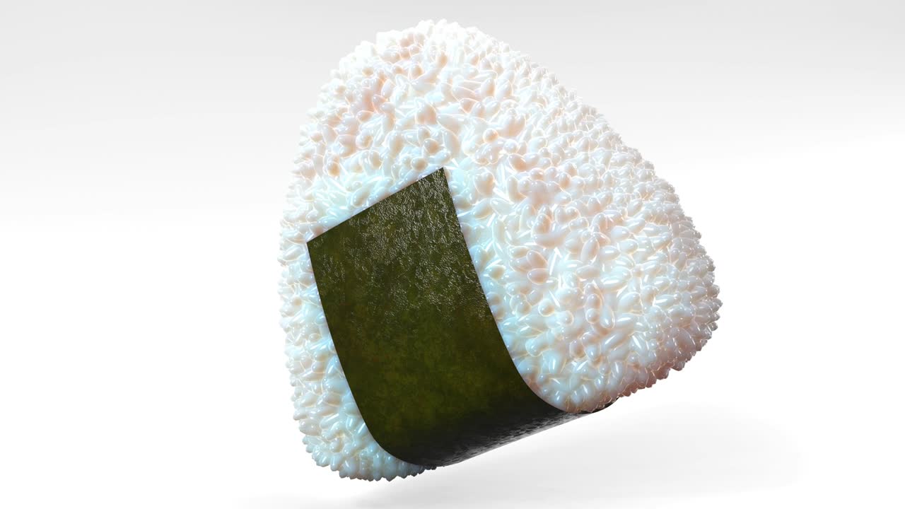 bola de arroz onigiri envuelta en algas nori sobre un fondo blanco. animación en 3d capaz de hacer bucles.