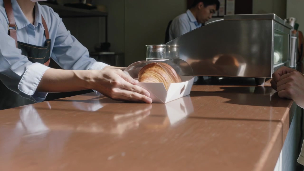 Sliding masked barista blue shirt apron offering pastry after seeing hands at cafe, copy space