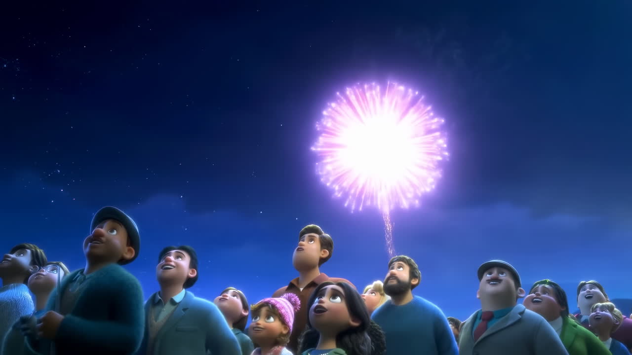 Animated Crowd Watches Colorful Fireworks Explode in Night Sky