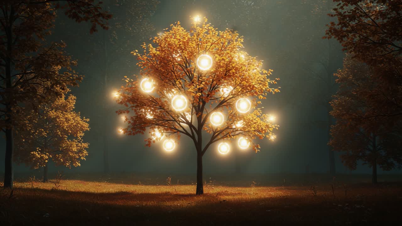 A Magical Autumn Tree Illuminated: A Captivating Transformation from Day to Night with Glowing Orbs in a Serene Forest Setting