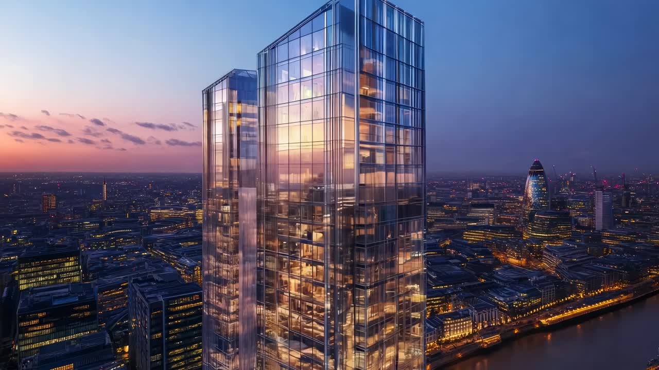 Aerial view of modern glass skyscrapers at sunset, capturing urban elegance