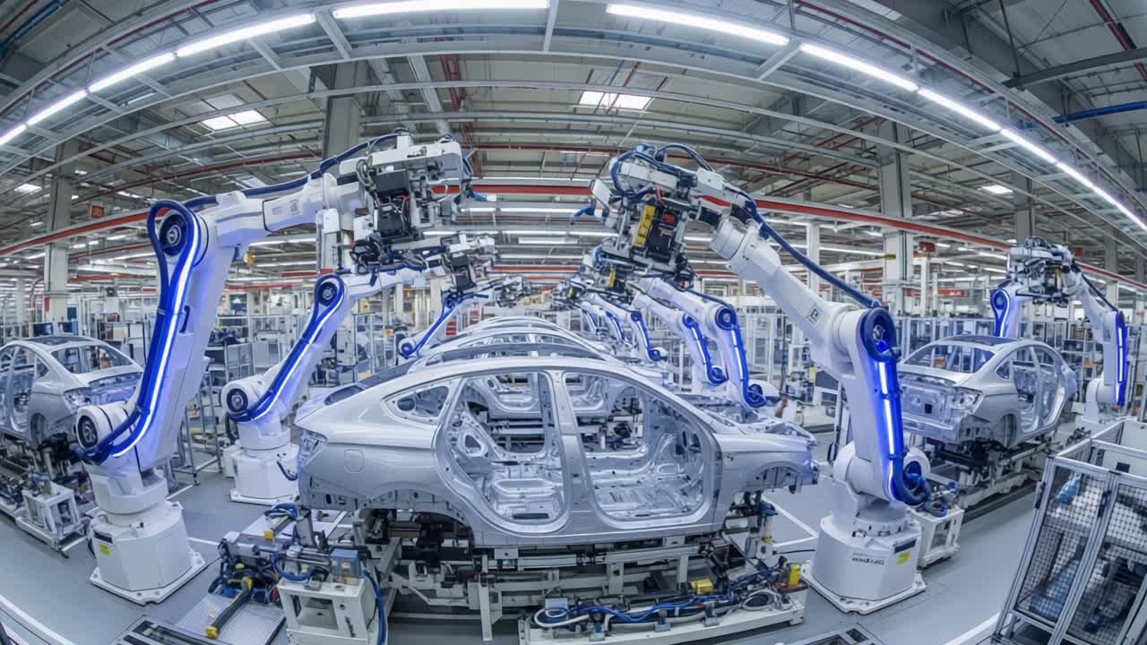 Automated Assembly Line in a Cutting-Edge Factory: Robotic Arms Working on the Production of Car Frames with Precision and Efficiency