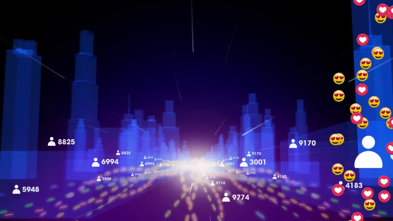 도시 풍경 위의 소셜 미디어 아이콘과 숫자의 애니메이션