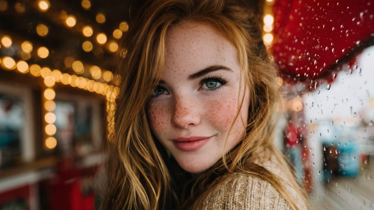 Captivating Portrait of a Freckled Young Woman Smiling Under the Soft Lights and Raindrops, Exuding Joy and Serenity in a Whimsical Setting