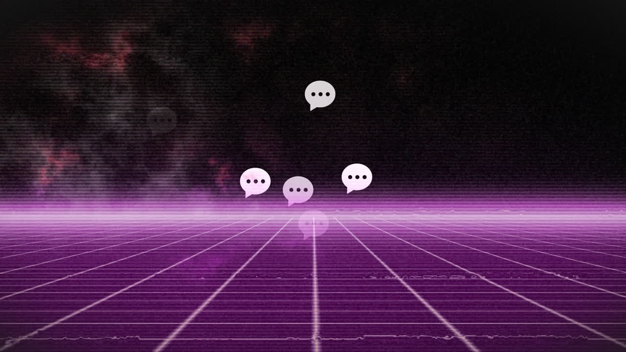 추상적인 배경에 대한 움직이는 그리드 패턴 위에 날아다니는 메시지 아이콘의 애니메이션