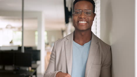 Black-man,-smile-portrait-and-working-on-table