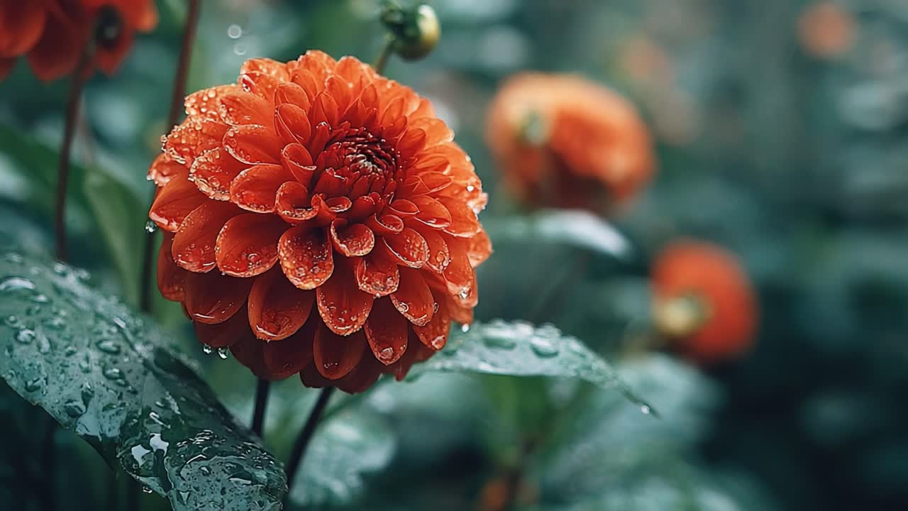 Captivating Orange Dahlia Flower with Raindrops in a Lush Green Garden, Showcasing Nature's Beauty and Vibrancy in Every Petal and Leaf
