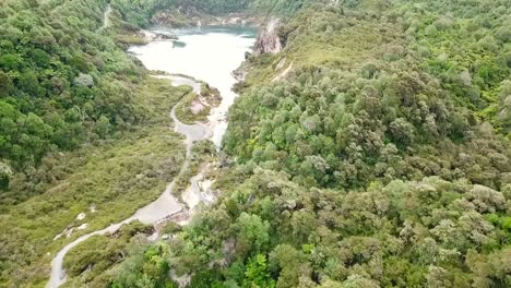 Drone-view-of-Waimangu-geothermal-park,-Rotorua,-New-Zealand