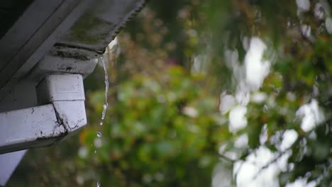 水从屋顶的边缘落下,背景是美丽的雨滴排水管