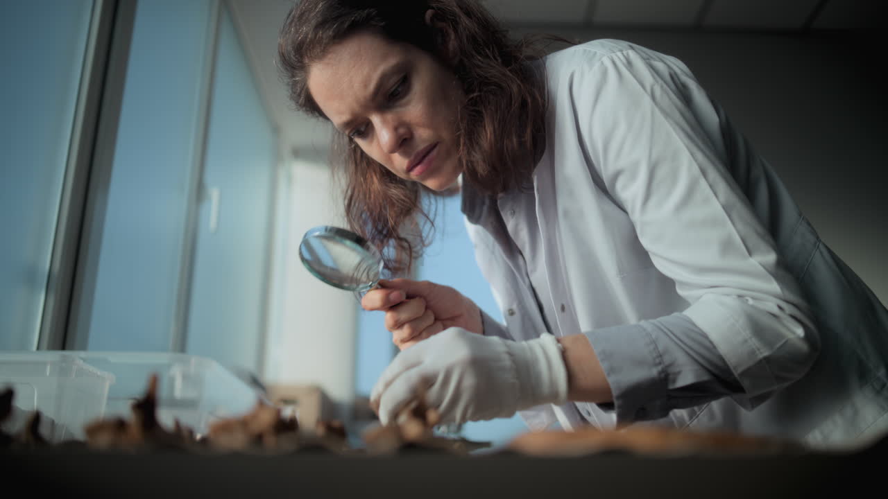arqueólogo examinando fósiles en un laboratorio