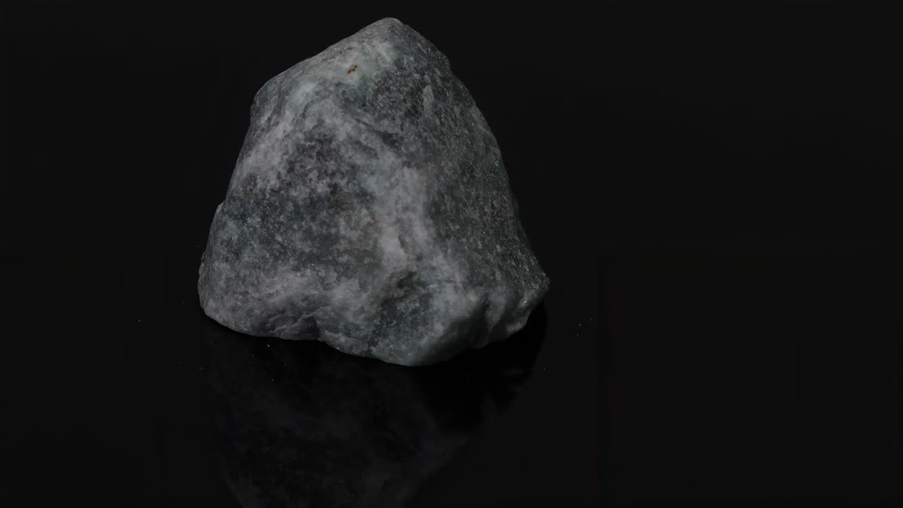 A dark stone rotates on a glossy black surface, showcasing its texture and form.