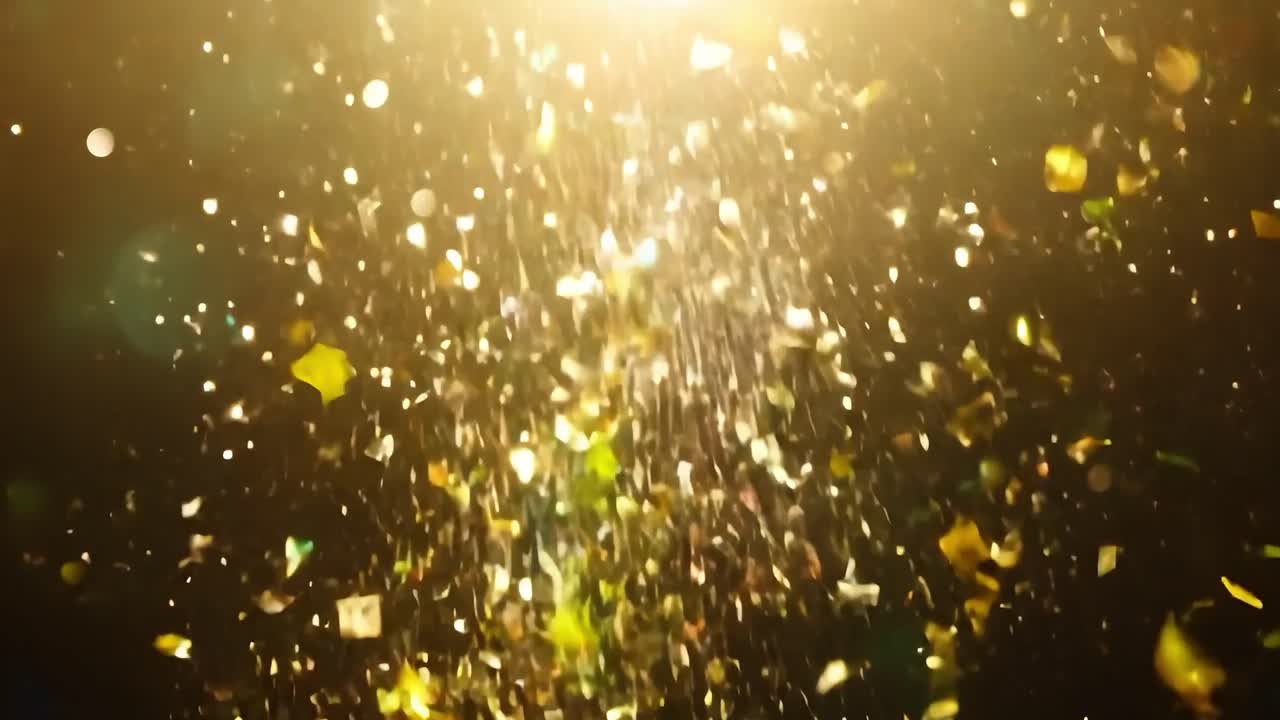 검은색 배경에 밝은 빛 앞에 공기를 통해 천천히 떨어지는 황금 콘페티