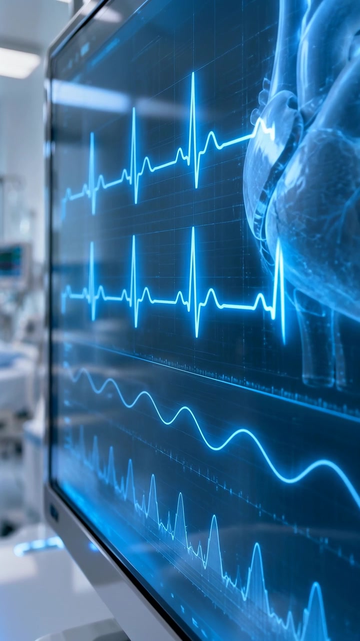 Anatomia di un cuore luminoso e molteplici tracce ECG riempiono un display medico angolato mentre il punto di vista si avvicina, con grafiche blu fredde, riflessi dello schermo e luminose apparecchiature cliniche sfocate
