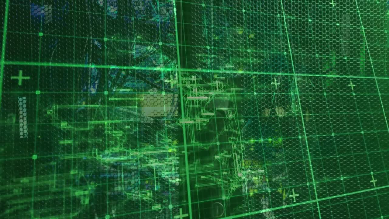 At start neon green grid pulsing nodes and boxes, crossing lines, drifting settling data interface