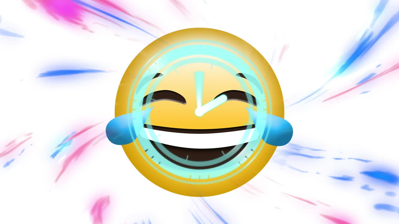 reloj digital de neón haciendo tictac sobre el emoji de la cara riendo contra las ondas digitales sobre fondo blanco