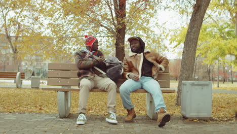 hombres afroamericanos se reúnen en el parque y hablan en el banco