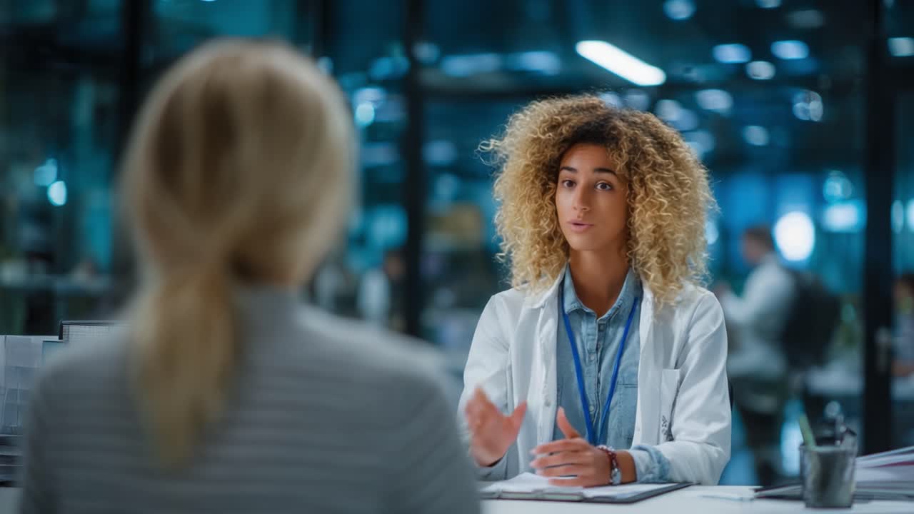 In a modern office setting, a friendly healthcare professional engages in a discussion with a patient, addressing questions and offering insights about their health needs