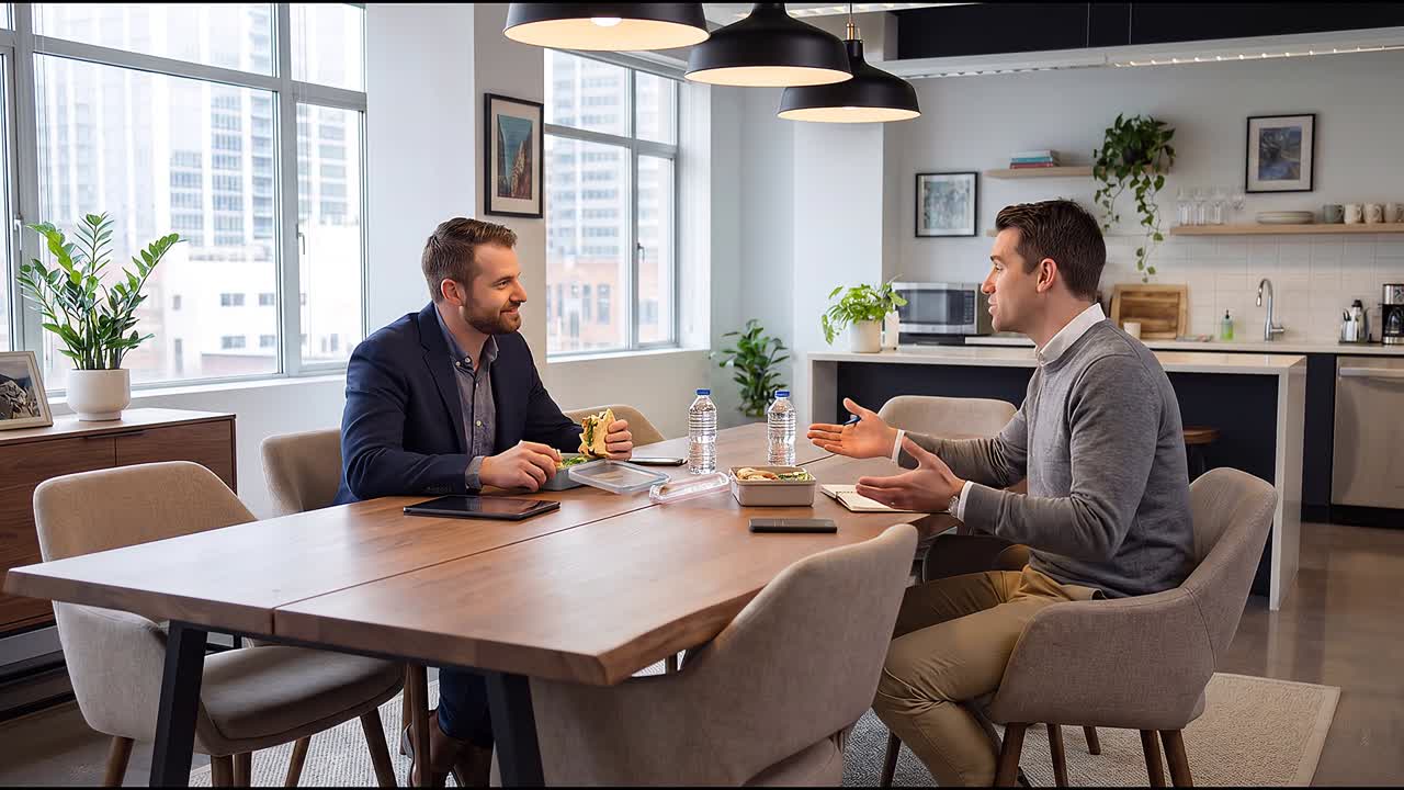 Business colleagues sharing meal while discussing project ideas inside modern office kitchen