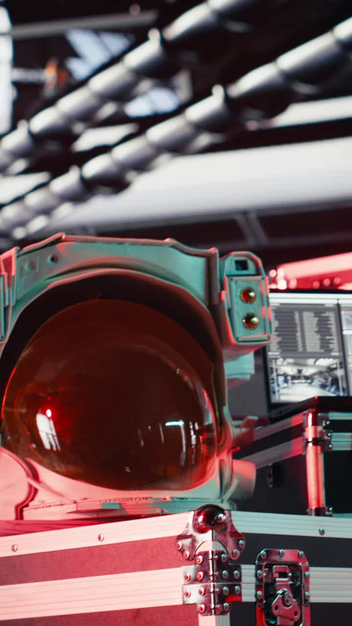 Vertical video Close up of isolated screen monitor inside futuristic spacecraft bay