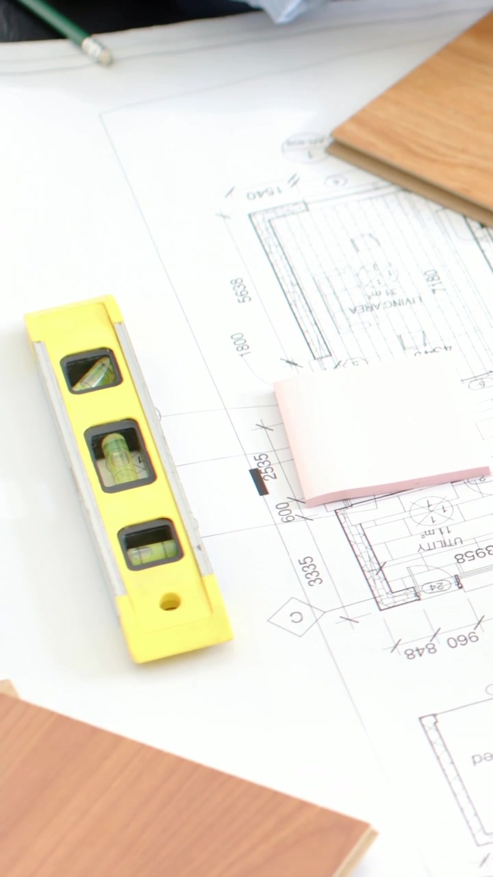 Video vertical: Plan de escritorio, mujer con top a rayas probando baldosas de madera para combinar habitaciones, espacio para texto.