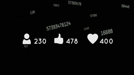 animación de iconos y números de redes sociales que caen sobre un fondo negro
