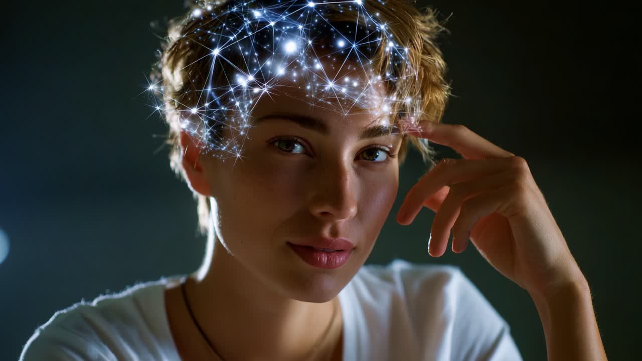 A contemplative young woman with a glowing representation of thought and creativity emanating from her head, symbolizing intelligence, innovation, and imagination