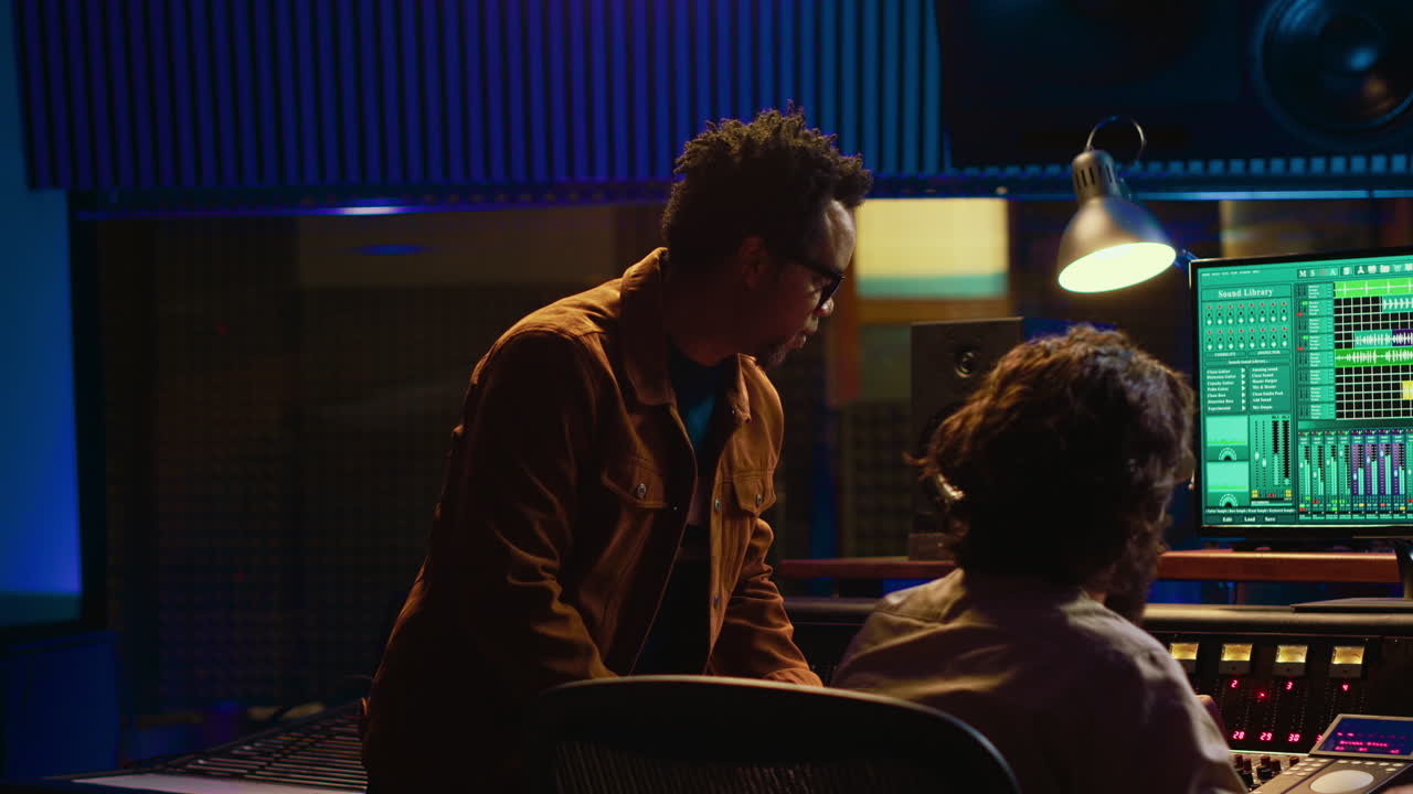 Team of audio technician and artist producing and editing sound on mixer console