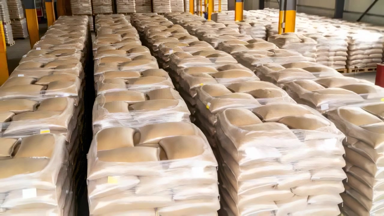 Panning camera revealing pallet stacks of beige sacks wrapped in film at warehouse, surveying stock