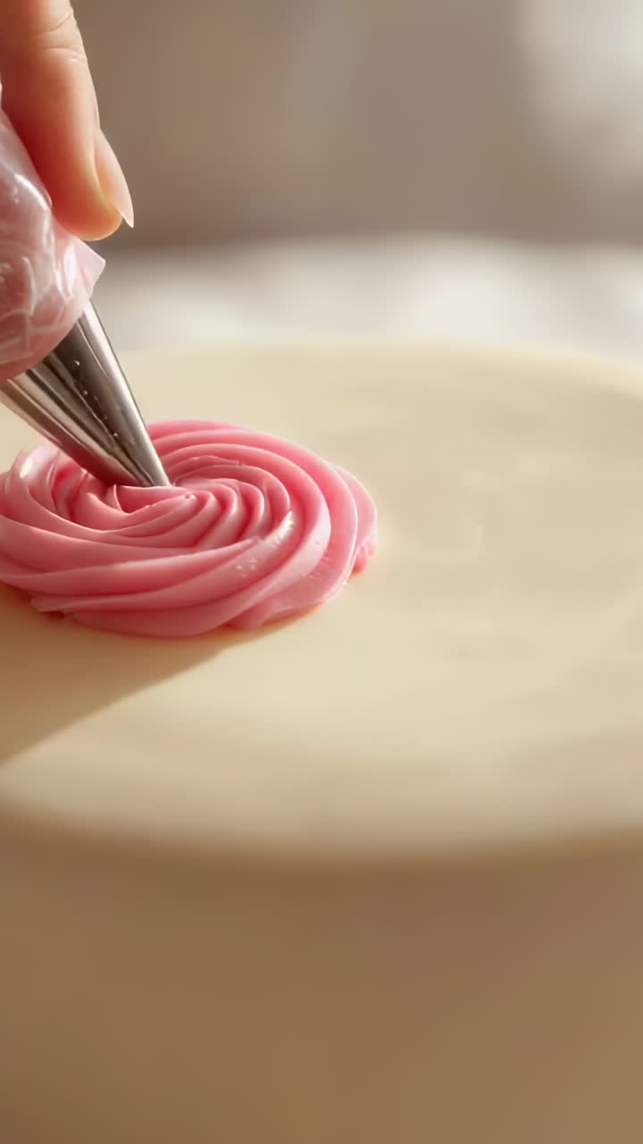 Vertical video: Pressing pastry bag, baker piping pink rosette on cake at counter, decorating cake
