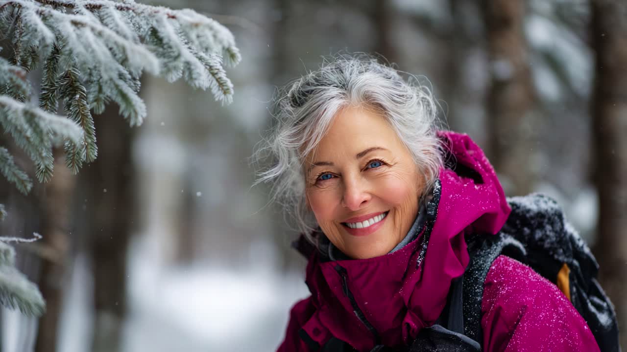 Capturing the Joy of Winter Adventure: A Smiling Woman in a Snowy Forest, Embracing the Beauty of Nature with a Warm Smile and Joyful Spirit Amidst the Frosty Landscape
