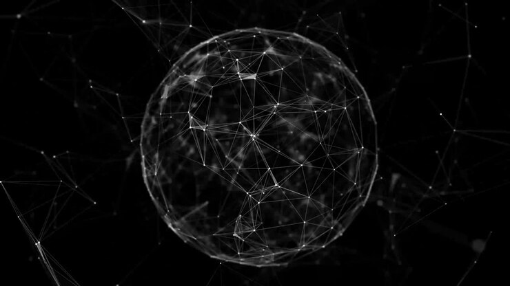 Sfera composta da punti e linee. Struttura di connessione di rete. Visualizzazione di big data. Rendering 3D