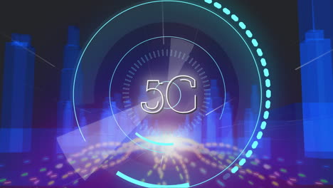 texto 5g en círculos contra el modelo de ciudad 3d