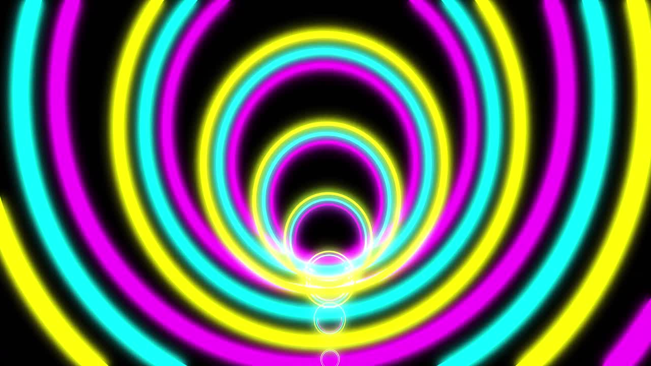 Animation of purple blue and yellow circles neon pattern moving in hypnotic motion on seamless loop