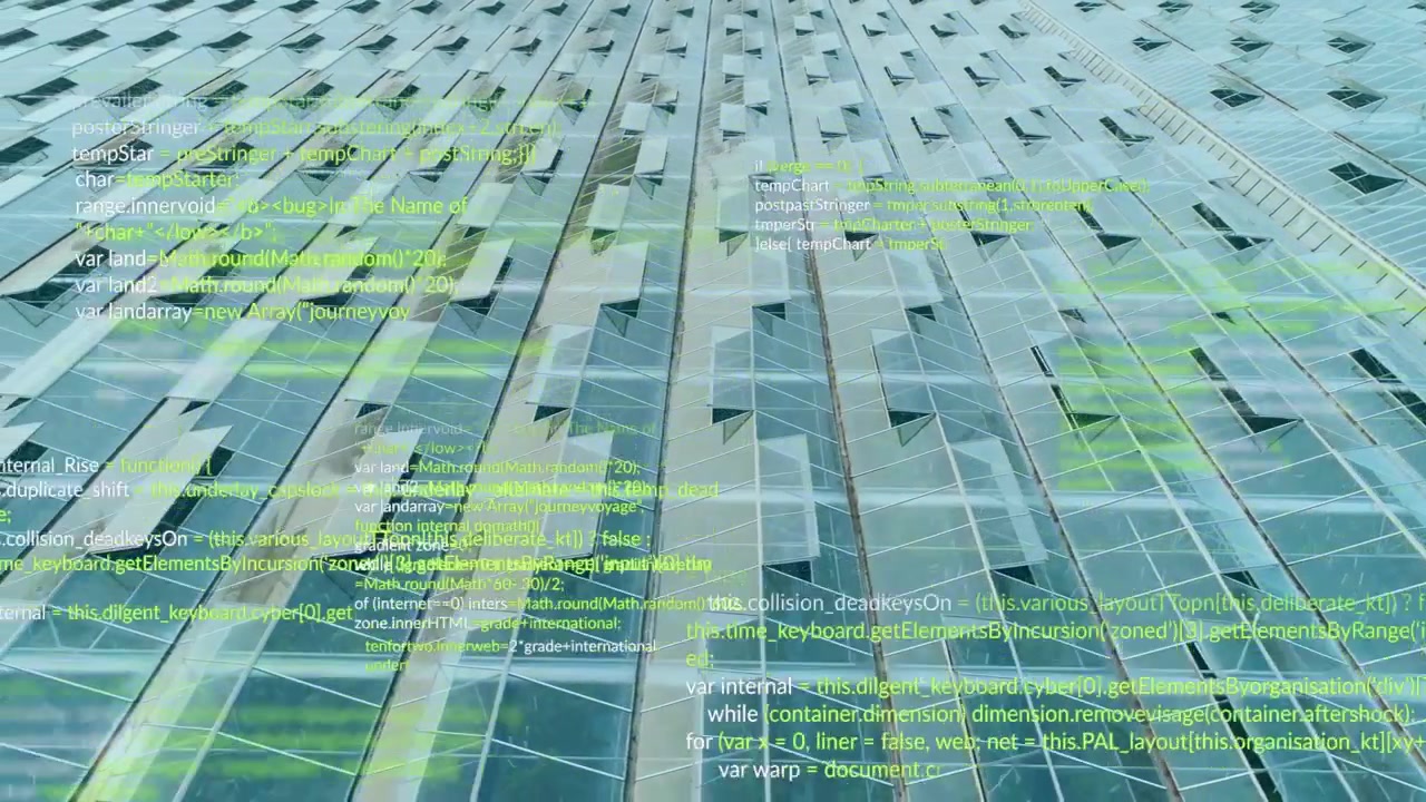 Skyscraper facade being overlaid with green code snippets on angled glass panels and metal frames
