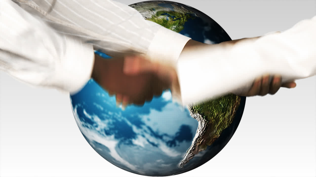 gente de negocios estrechando la mano contra el mundo. mundo multicultural y conceptos de solidaridad