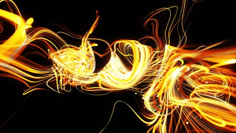 flow of particles forms curled yellow lines like glow light trails, lines form swirling pattern like curle noise. abstract 3d animation as bright creative festive background. fast lines of light