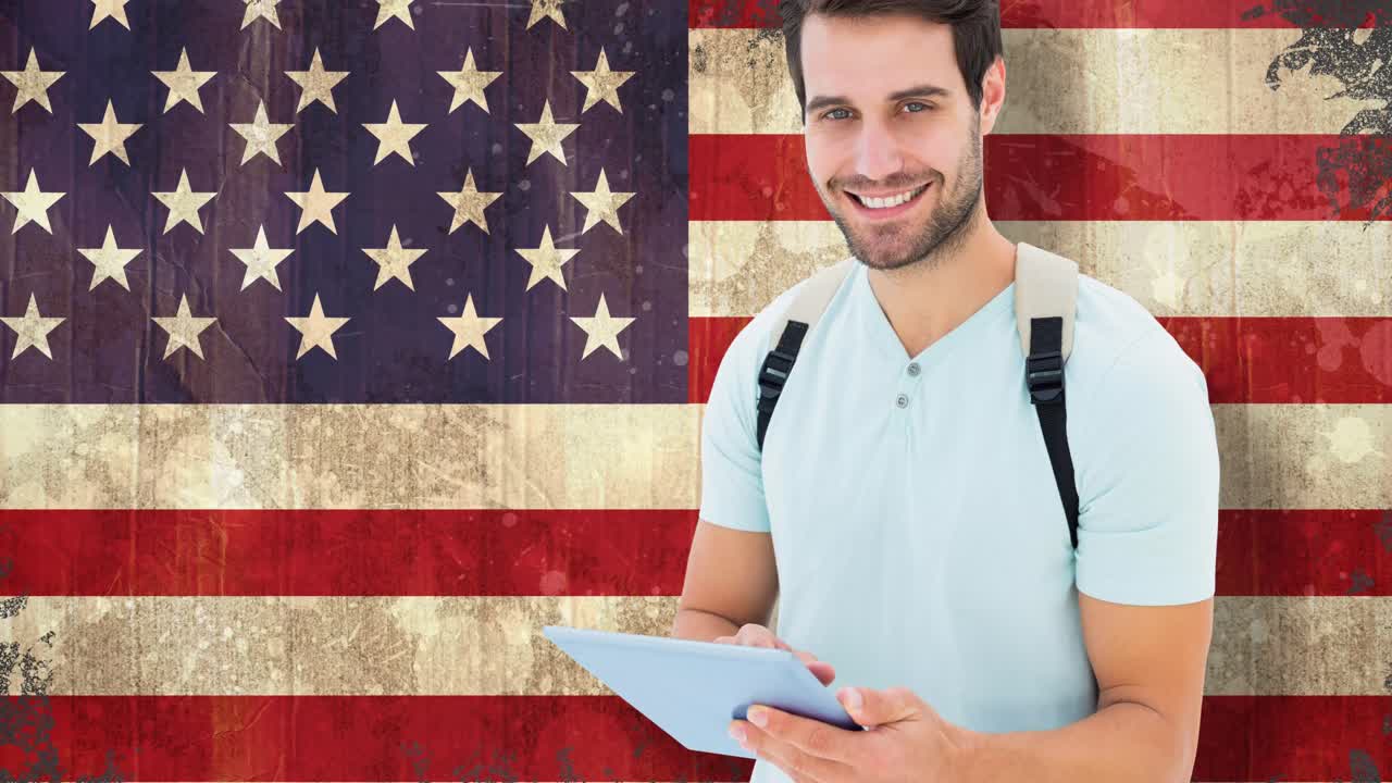 animación de un estudiante masculino usando una tableta sobre la bandera estadounidense